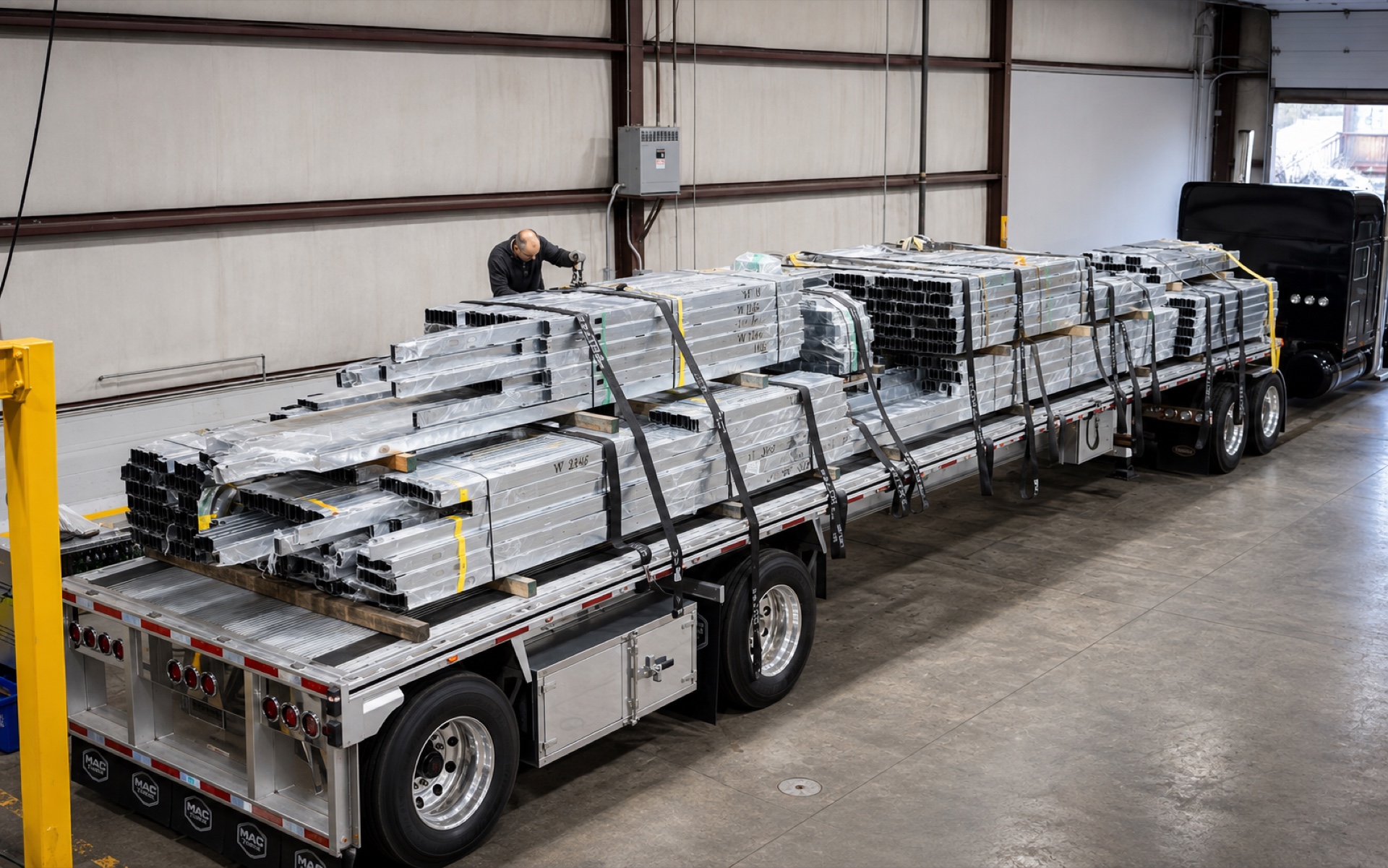 CFS framing components organized and secured on a flatbed truck for project delivery