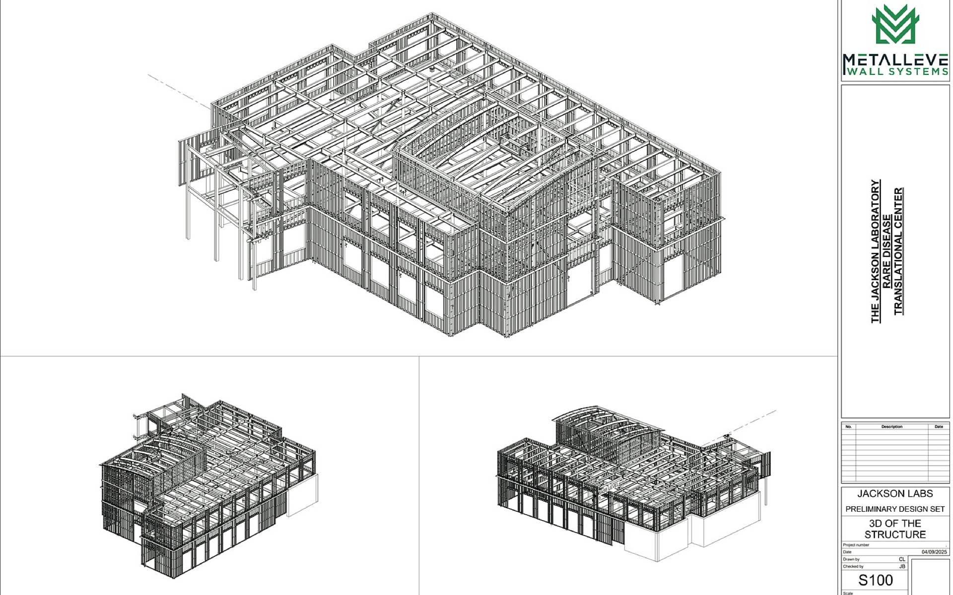 Metalleve three-dimensional CFS structural model with coordinated wall and roof framing views