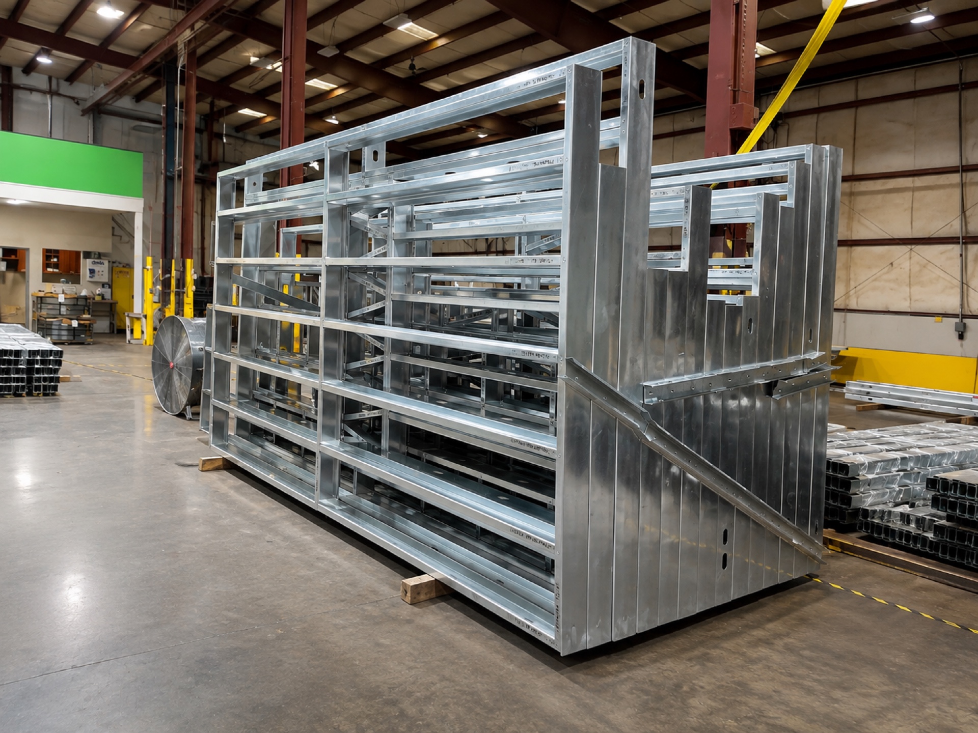 Assembled CFS wall panels organized for inspection on the production floor