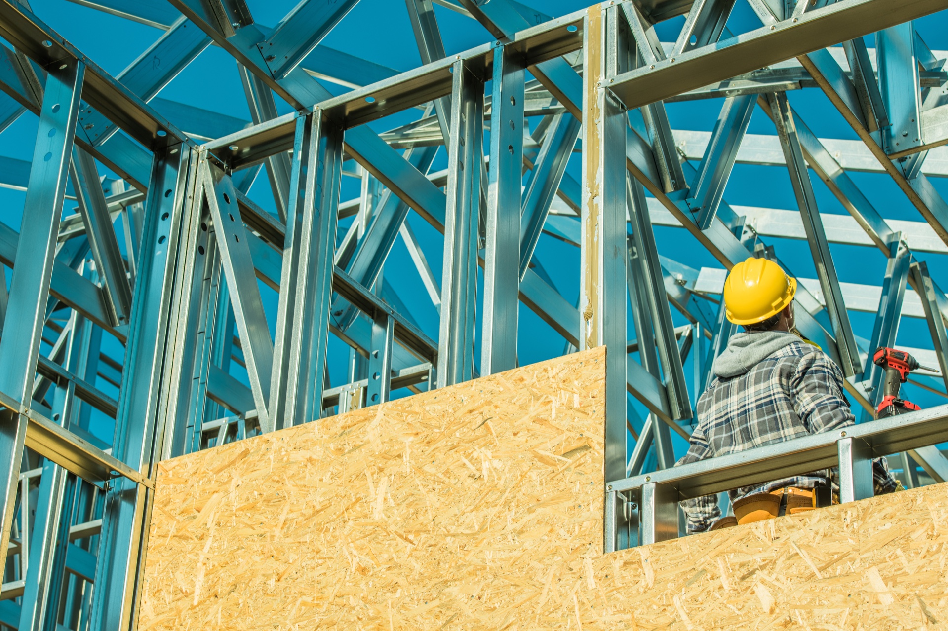 Steel building contractor reviewing CFS framing progress