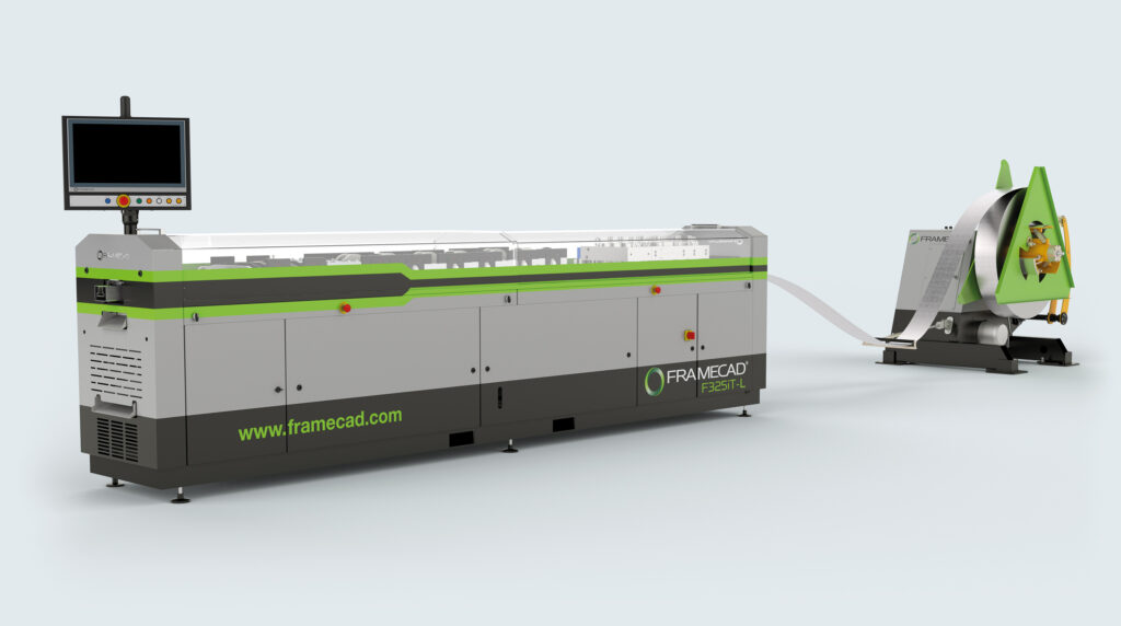 FRAMECAD roll former with steel coil decoiler feeding flat strip into the forming line