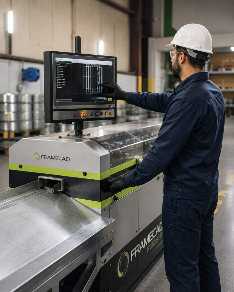 Fabrication technician operating a FRAMECAD machine control screen during CFS production