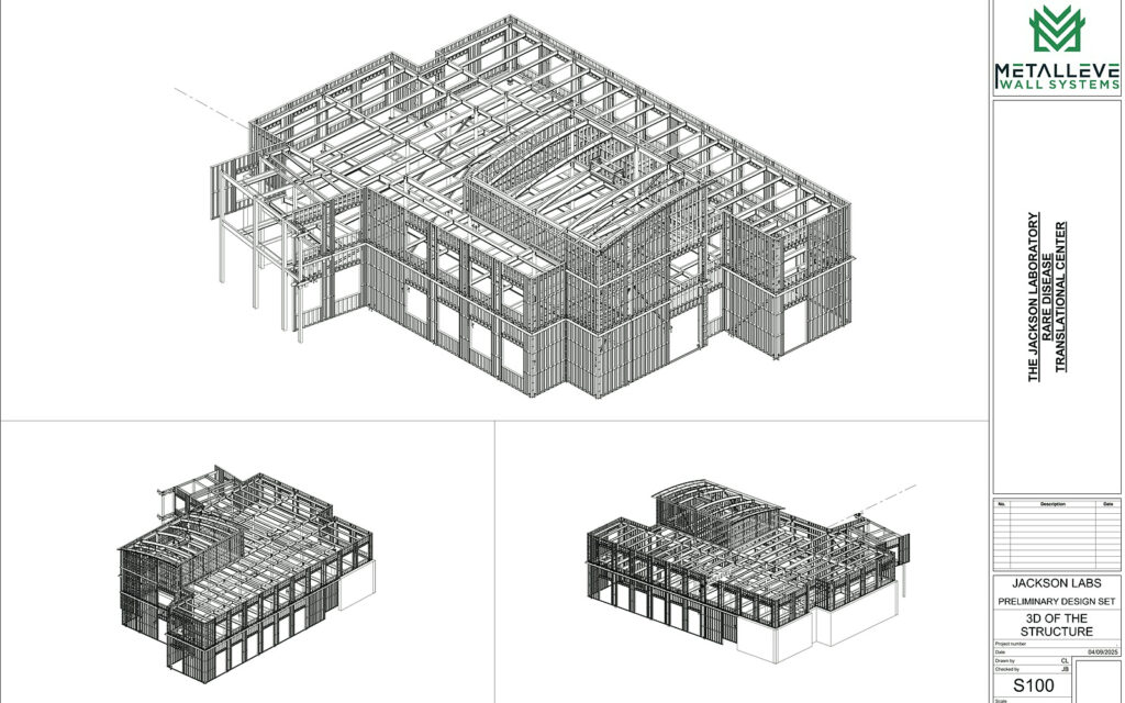 Metalleve CFS detailing sheet showing 3D structural framing models for production